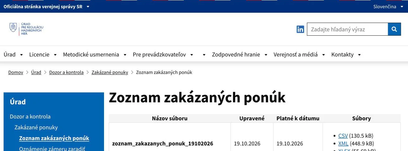 Stránka ÚRHH so zoznamom zakázaných ponúk platným k 19. 10. 2026