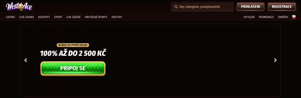 Česká verzia kasína Westace s menu Casino, Live casino, Jackpoty a bannerom Bonus za první vklad 100 % až do 2 500 Kč