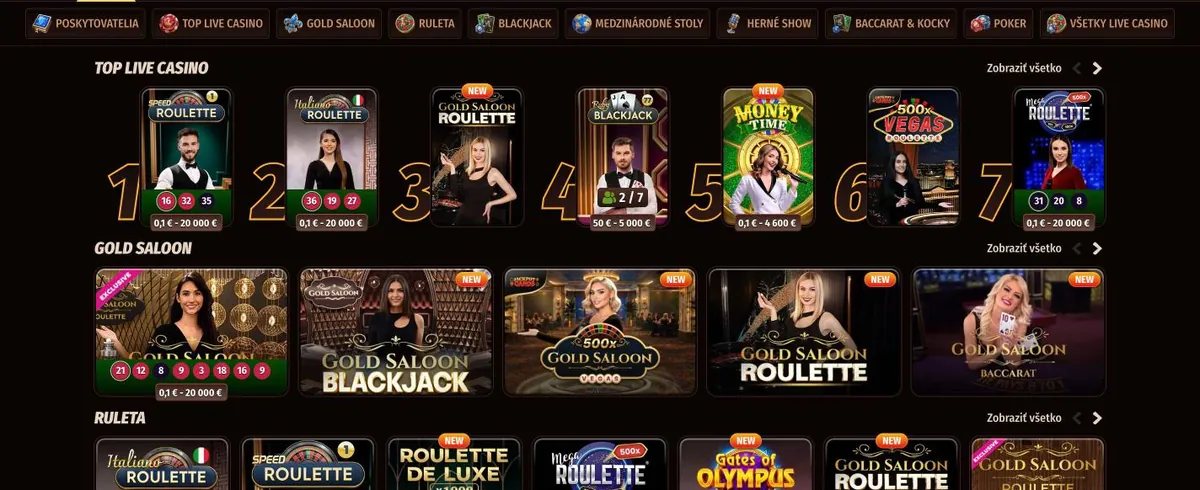 Lobby live casina Westace so sekciami Gold Saloon a ruleta