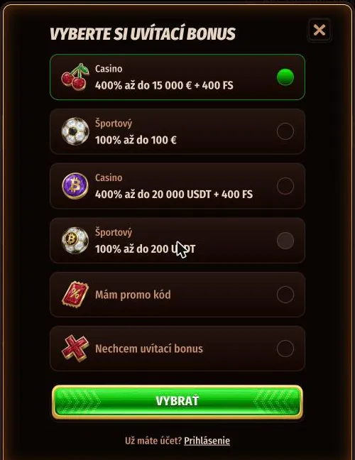 Výber uvítacieho bonusu pri registrácii vo Westace