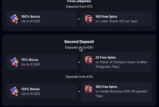 Uvítací balík Yep Casino rozpísaný podľa výšky vkladu